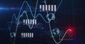 Dashboard displaying data charts in interface, with grid overlay, globes, code and red data point Royalty Free Stock Photo