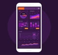 Dashboard infographic template on the smartphone screen. Vector gradient mockup. Modern UI web design. Pie charts, bars