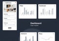 Dashboard interface featuring a dark background with multiple widgets. Central layout includes bar Royalty Free Stock Photo