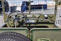 Dashboard and interior of vintage italian off-road veteran car model Fiat Campagnola AR 51 in military green color, manufactured