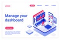 Dashboard management isometric landing page template. Computerized workspace organization. Preparing KPI data analysis