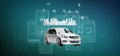 Dashboard smartcar interface with multimedia icon and city map on a background 3d rendering
