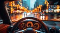 dashboard, steering wheel and speedometer in car close up. Interior salon of car on the driver point of view. Night city Royalty Free Stock Photo