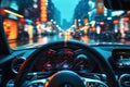 dashboard, steering wheel and speedometer in car close up. Interior salon of a modern car on the driver POV. Night city Royalty Free Stock Photo