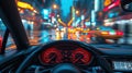 dashboard, steering wheel and speedometer in car. Interior of a car on the driver POV close up. Night city at rain Royalty Free Stock Photo