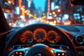 dashboard, steering wheel and speedometer in luxury sports car close up. Interior of a modern car on driver point of Royalty Free Stock Photo