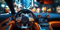 dashboard, steering wheel and speedometer in a luxury sports car close up. Interior salon of car on the driver point of Royalty Free Stock Photo