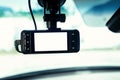 Dashcam or car camera mounted on front windshield to record situation or accident ahead