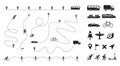 Dashed line route. Travel navigation routes with dash line path, location pins and transportation shipping delivery