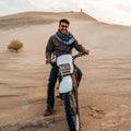 Illustrative editorial of a young man on a motorcycle posing at Dasht-e-Lut, a large salt desert located in the provinces of Kerma