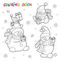 Coloring book or page. Cute snowmen set for children coloring with a winter holiday theme Royalty Free Stock Photo