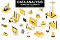 Data analysis bundle of isometric elements. Growing chart, business infographics, research tools, analytic data, financial index