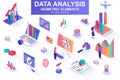 Data analysis bundle of isometric elements. Growing chart, business infographics, research tools, analytic data