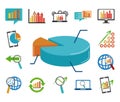 Data analysis, business marketing online strategy flat icons pack