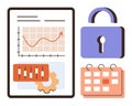 Data Analysis Chart with Calendar, Padlock, and Gears Highlighting Security and Planning Royalty Free Stock Photo