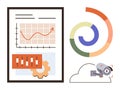 Data analysis chart, security camera, and gear symbolizing growth, technology, and system monitoring Royalty Free Stock Photo