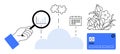 Data Analysis and Cloud Computing Concept with Magnifying Glass and Various Icons Royalty Free Stock Photo