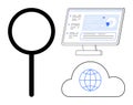 Data Analysis and Cloud Connectivity Represented by Magnifying Glass, Graph Display, and Cloud Globe Royalty Free Stock Photo