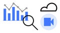 Data Analysis and Cloud Storage Concept with Graphs, Magnifying Glass, Video Icon, and Cloud Symbol Royalty Free Stock Photo