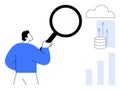 Data Analysis and Cloud Storage Concept with Man Using Magnifying Glass for Research Royalty Free Stock Photo