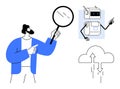 Data Analysis and Cloud Technology Concept with Robot, Magnifying Glass, and Cloud Computing Royalty Free Stock Photo