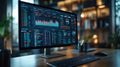 Data analysis on a computer screen in a modern workspace displaying graphs and metrics during evening hours. Generative Royalty Free Stock Photo