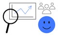 Data Analysis and Business Growth Concept with Graph, Magnifying Glass, Audience, and happy Face Royalty Free Stock Photo