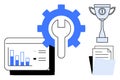 Data Analysis and Optimization Concept with Graphs, Gear, Documents, and Trophy Success Royalty Free Stock Photo
