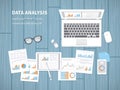 Data analysis concept. Financial Audit, SEO analytics, statistics, strategic, report, management. Charts, graphics on a laptop. Royalty Free Stock Photo