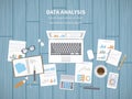 Data analysis concept. Financial Audit, SEO analytics, statistics, strategic, report, management. Charts, graphics on a screen