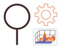 Data Analysis Concept with Magnifying Glass, Gear, and Statistical Graph Elements Royalty Free Stock Photo