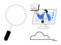 Data Analysis and Online Training Concept with Magnifying Glass and Cloud Computing Elements Royalty Free Stock Photo