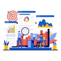 Data analysis concept with tiny character. Teamwork of business analysts charts and diagrams of sales management statistics and