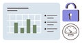 Data analysis dashboard with bar graph, security lock, and speedometer elements Royalty Free Stock Photo