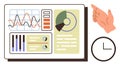 Data Analysis Dashboard with Graphs, Charts, Clock, and Hand Gesturing Towards Insights Royalty Free Stock Photo