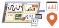 Data Analysis Dashboard with KPI Metrics, Financial Growth Charts, and GPS Location Pin Icon Royalty Free Stock Photo