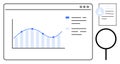 Data Analysis Dashboard with Line Graph, Document, and Search Magnifier Symbol Royalty Free Stock Photo