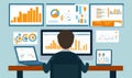 Data analysis dashboard with multiple screens displaying charts, graphs, and statistics for business insights Royalty Free Stock Photo