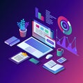 Data analysis. Digital financial reporting, seo, marketing. Business management, development. 3d isometric laptop, computer, pc