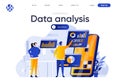 Data analysis flat landing page. People using mobile application with business analytics on screen vector illustration Royalty Free Stock Photo