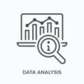 Data analysis flat line icon. Vector outline illustration of laptop with search glass. Analytics concept, financial thin Royalty Free Stock Photo