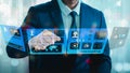 data analysis. On a futuristic virtual interface screen, a man programmer studies and creates software using a digital tablet Royalty Free Stock Photo