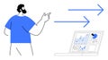 Business Analytics Concept with Man Pointing at Data Charts and Growth Arrows on a Laptop Screen Royalty Free Stock Photo
