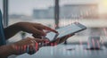 Data Analysis: Hands Using Tablet, Modern Graphs Overlay Royalty Free Stock Photo