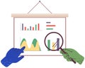 Person examines scheme under magnifier. Hand with loupe magnifying chart, digital structure