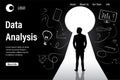 Data analysis landing page template. Male analyst silhouette standing front of door keyhole. Male character back view Royalty Free Stock Photo
