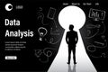 Data analysis landing page template. Male analyst silhouette standing front of door keyhole. Male character back view