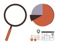 Data Analysis and Logistics Concept with Magnifying Glass, Pie Chart, and Delivery Route Elements Royalty Free Stock Photo