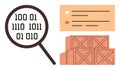 Data Analysis and Inventory Management Concept with Binary Code, Magnifying Glass, Chart, and Shipping Boxes Royalty Free Stock Photo