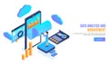 Data Analysis and Management concept web banner design with isometric illustration of analyst or developer working on smartphone